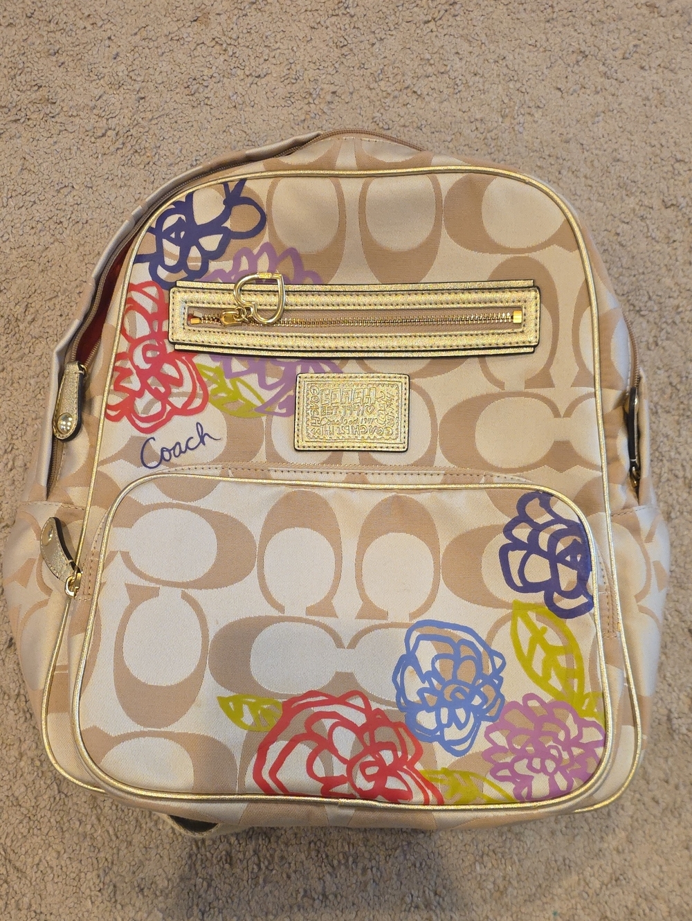 Coach Beige Signature Floral Backpack with Multicolor Accents and Gold Trim